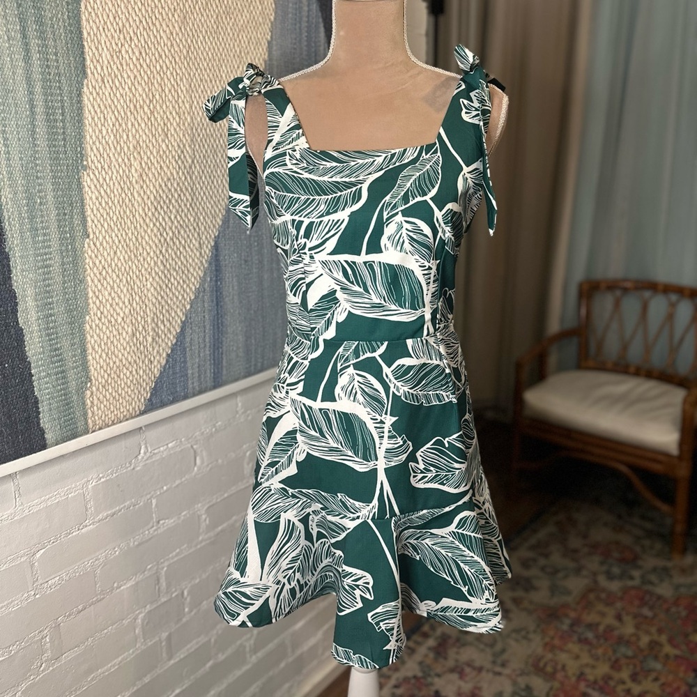Teal Leaf-Print Tie-Strap Mini Dress - Picture 6 of 12
